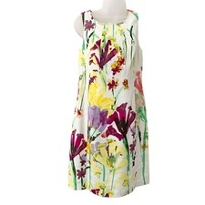 Calvin Klein Dress 8 White Multicolor Floral Sleeveless Linen Rayon Blend 