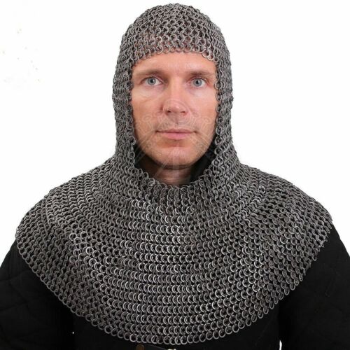 Medieval Knight Chainmail Hood Flat Riveted With Washer Chain Mail Coif Armor - Picture 1 of 3