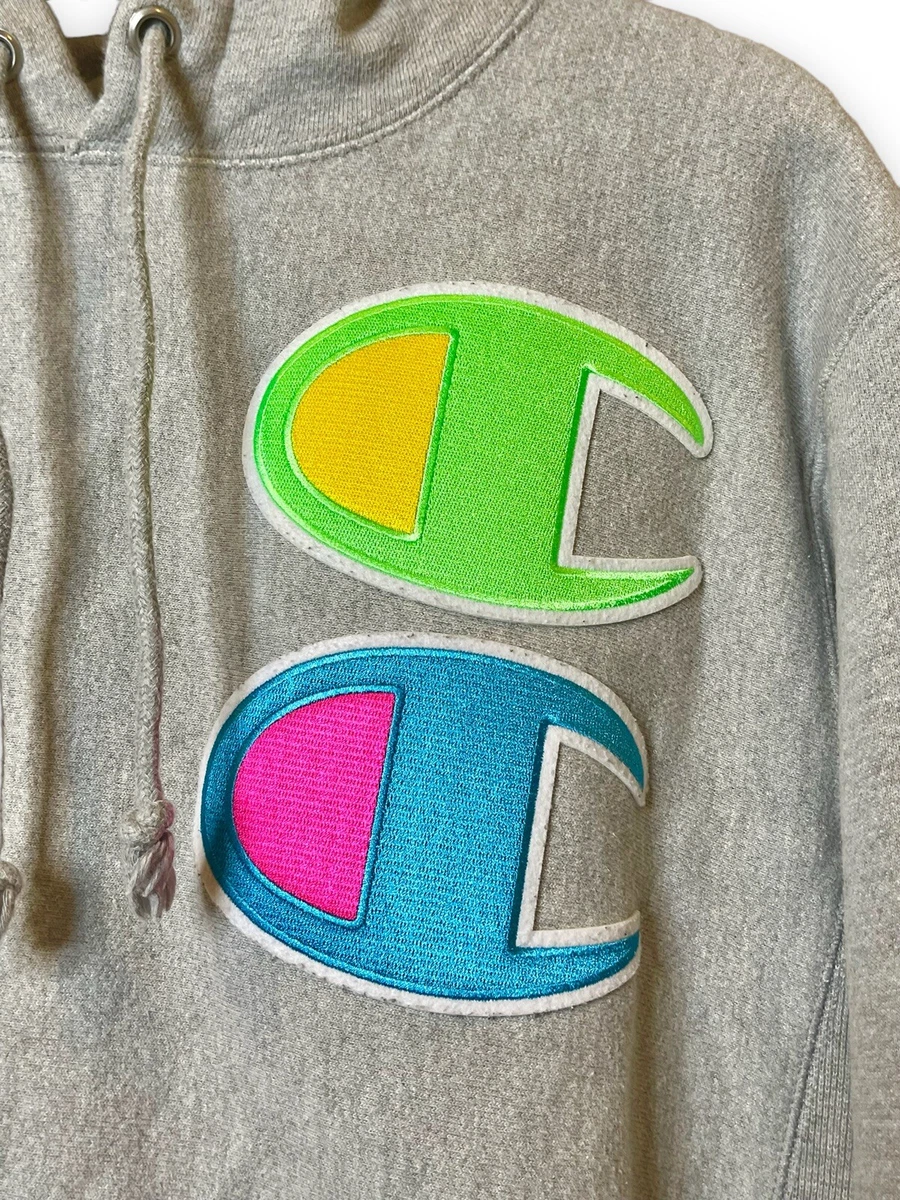 Champion Reverse Weave Mens Gray Neon Double C Patch Logo Embroidered Hoodie