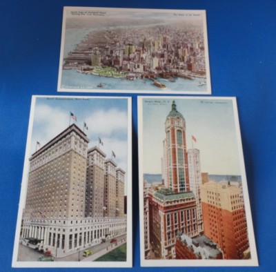 Three 1920's Era NY Post Cards:  Singer Bld. Hotel Pennsylvania - Aerial View