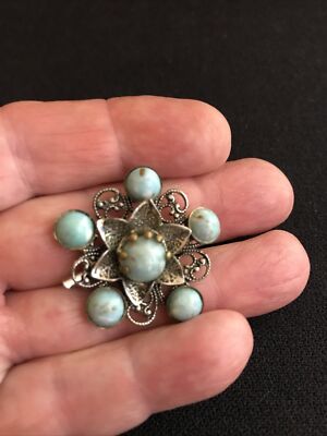 Vintage Intricate Silver Star Prong Set Blue Stone Brooch Pin C clasp 1.5''