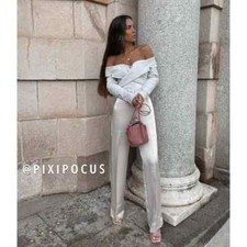 ZARA NEW SATIN FLOWING WIDE LEG PANTS LIGHT BEIGE M MEDIUM  minor flaw