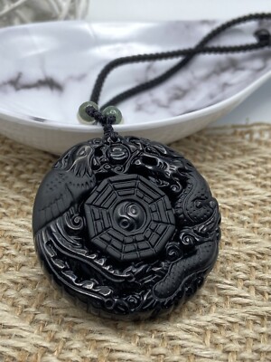 Handmade Jade Obsidian Dragon Charm Pendant Necklace Beads Cord Tai Chi Diagram