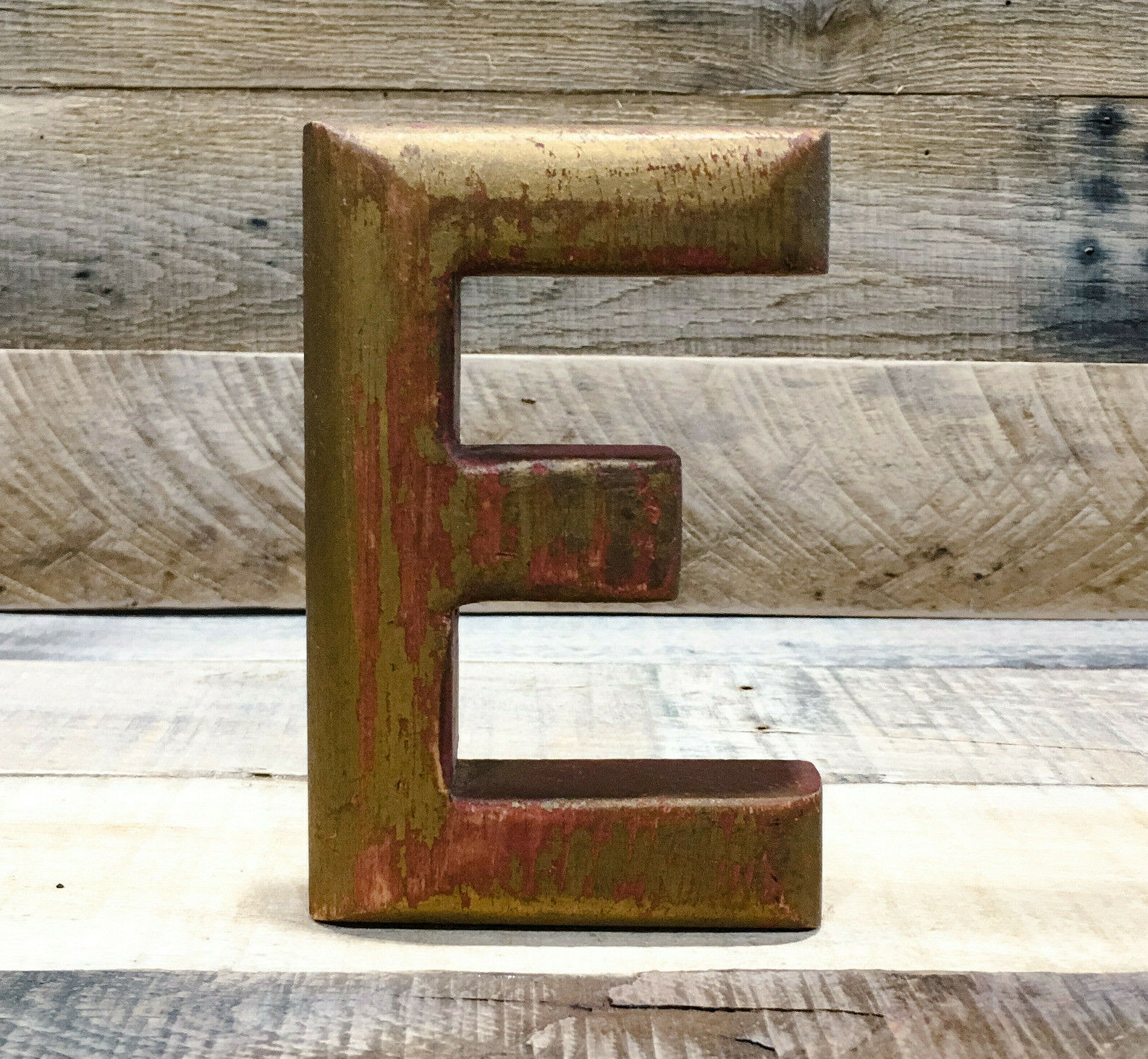 Vintage Sign Letter E Rustic Painted Wood Salvage Marquee Initial, Red Gold Gilt