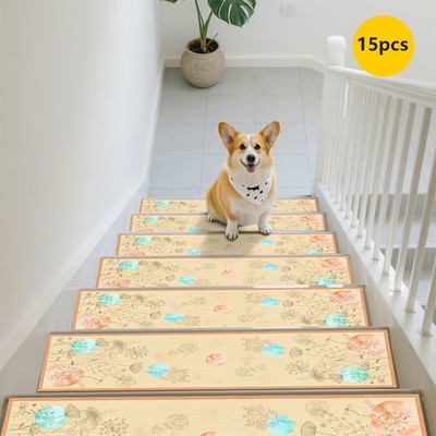 15pcs of Light Yellow Floral Patterned Printed Stair Mats, Non-Slip Stair Carp