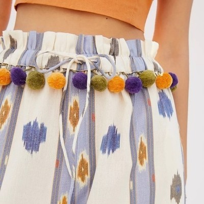 Anthropologie Ollari Ikat Wide Leg Linen Blend Pants Waist Pom Pom XS