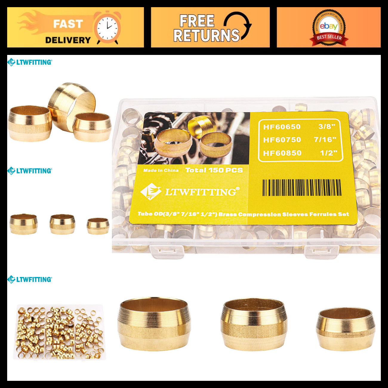 Compression Sleeves Ferrules 3/8"-1/2" OD Brass Fittings Assortment Kit - 150 Pa