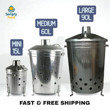 Galvanised Garden Incinerator Bin in 3 Sizes 15L 60L 90L Leaf Paper Waste Burner