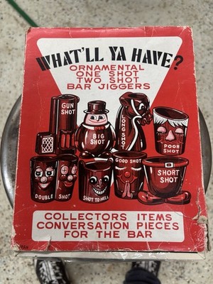 NOS WHAT'LL YA HAVE? Ornamental Set of 8 pcs. Shot - Bar Jiggers Japan, Sealed 