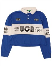 Benetton Womens Crop Graphic Rugby Polo Shirt UK 14 Medium Blue Colourblock CU11