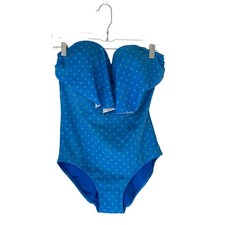 Spanx Swimsuit Bandeau Push Up Padded One-Piece Electric Blue Polka Dot Size 10