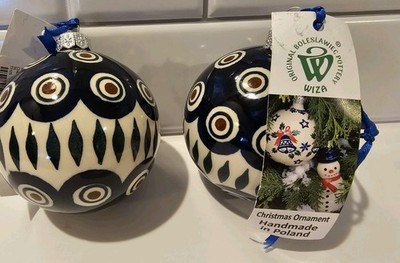 Polish WIZA BOLESLAWIEC Pottery Bulb Ornaments Set of two. NWT.