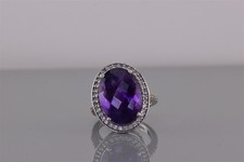 Sterling Silver 22mm Oval Purple Amethyst White Topaz Halo Band Ring 925 Sz: 7