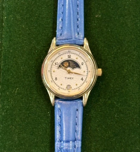 Vtg 90s Timex Moon Phase Watch* Women Gold Tone Date 25mm w/ New Leather Band