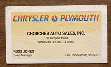 1970s Chrysler Plymouth Chorches Auto Sales Business Card Windsor Locks CT P1H