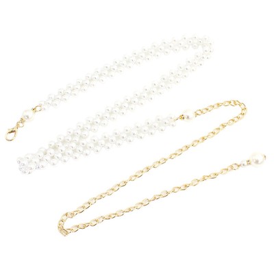 Women Elegant Pearl Chain Belt Thin Waist Gold Metal Belts For Girls Lady _cn