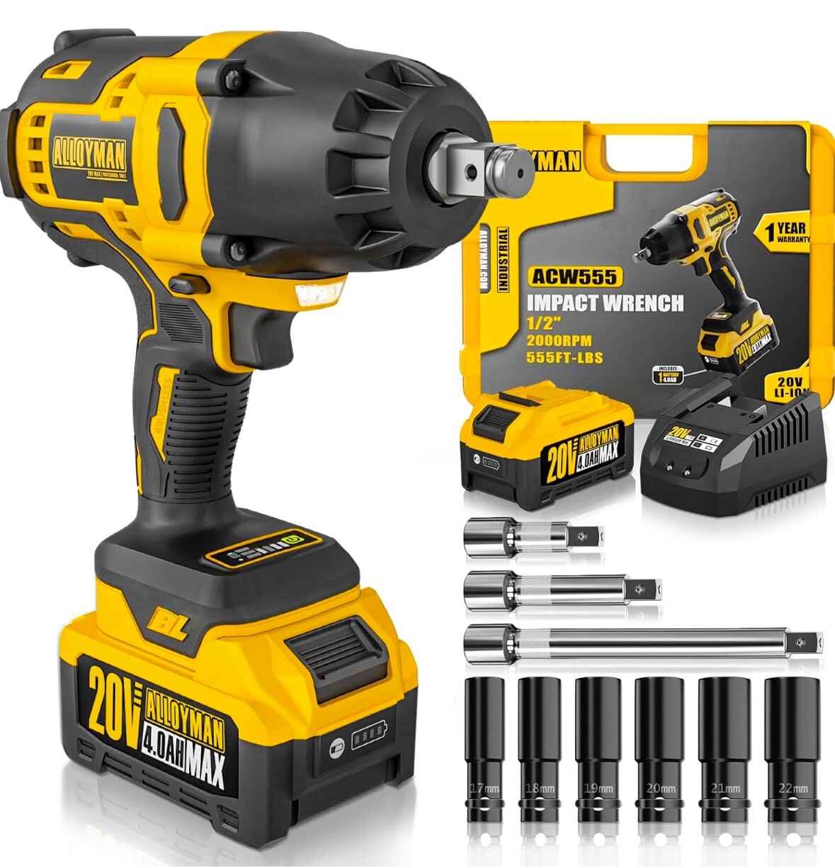 Alloyman 1/2 inch Impact Wrench Cordless, Max Torque 555 Ft-lbs 20 Volt Battery