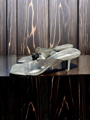 Black Suede Studio Silver Mules with Soft Material & Open-Back  Sz 38/ US  7