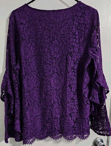 Camicetta top donna Isaac Mizrahi Live foderata in pizzo grande viola maniche a volant boho - Foto 11 di 11