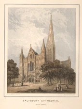 Antique Engraving 1895 Salisbury Cathedral West Front Color Plate