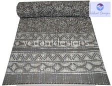 Vintage Block Kantha Quilt Blanket Indian Bedspread Coverlet Throw Art