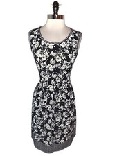 MAX STUDIO Size L A-Line Dress Beige Black Floral Sleeveless Stretch Knit
