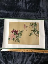 Original Vintage Chinese Birds Watercolor Painting on Silk Signed and Stamped