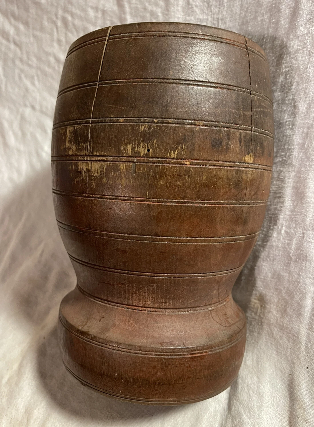 Early Antique Treen Turned Wooden Druggist Apothecary Mortar old red paint
