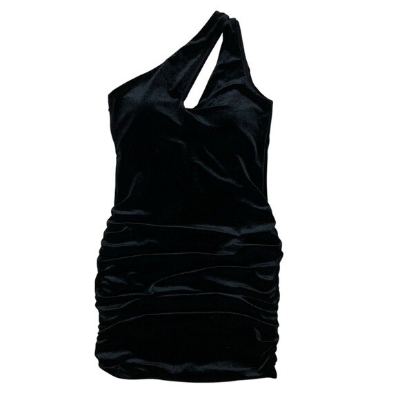 Klassy Network Black Velvet One Shoulder Ruched Mini Dress Medium Side Zip
