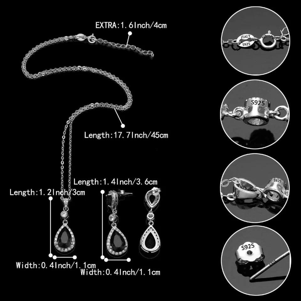 Pendiente y collar acabado oro blanco ónix negro creado diamante corte pera Foto 3 de 3