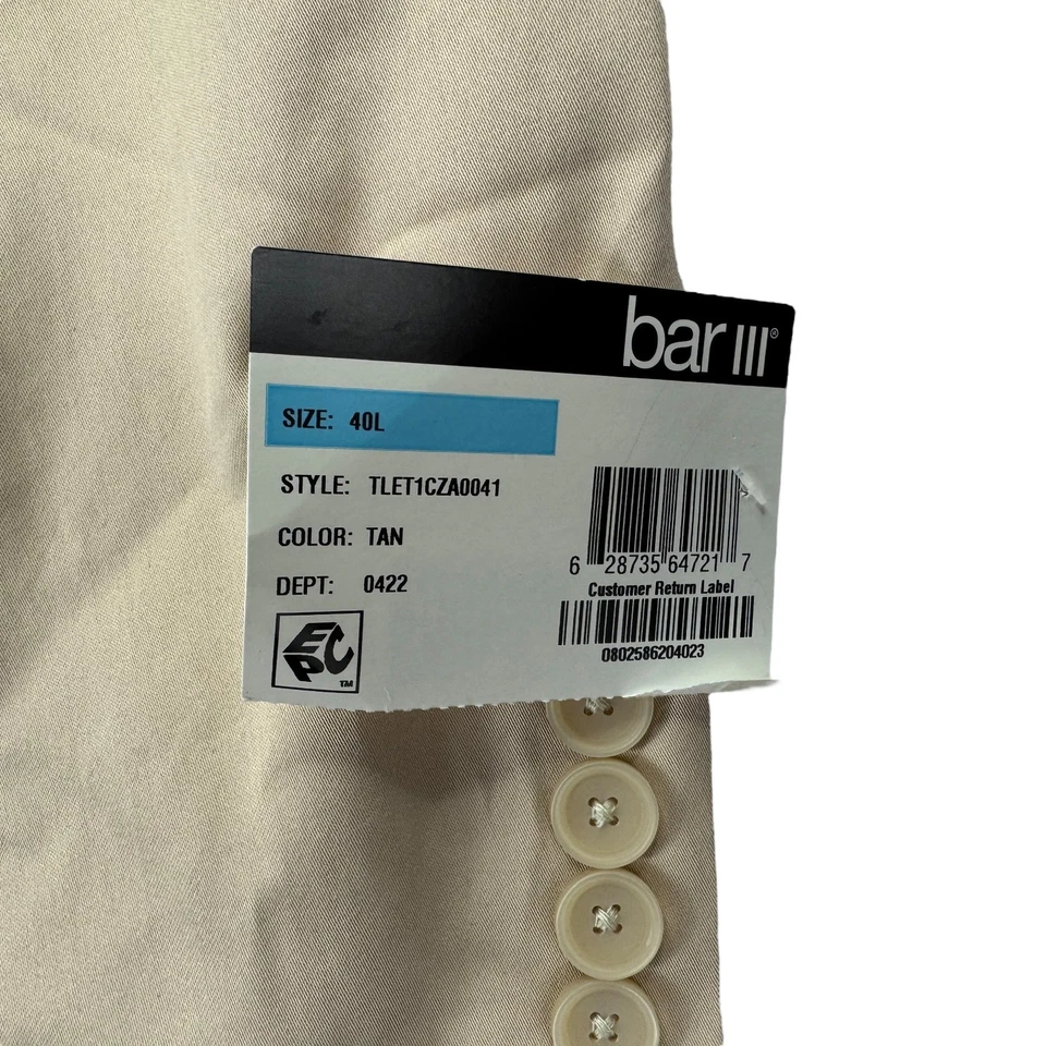 Bar III мужской Slim Fit хлопок эластичной твердого костюм куртка желтовато-коричневый 40L - Изображение 3 из 4