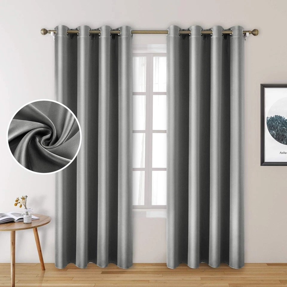 2 Panels Silver Grey Silk Blackout Curtains, 52x96" Grommet - Image 3 of 4