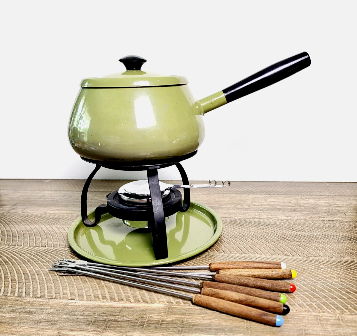 Vtg Avocado Green Fondue Set and forks Midcentury Complete Set
Opens in a new window or tab