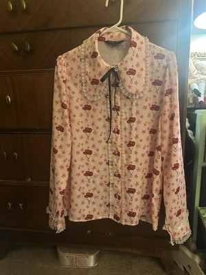 Sister Jane Cowboy Blouse Large Pink Red Lace Button Up