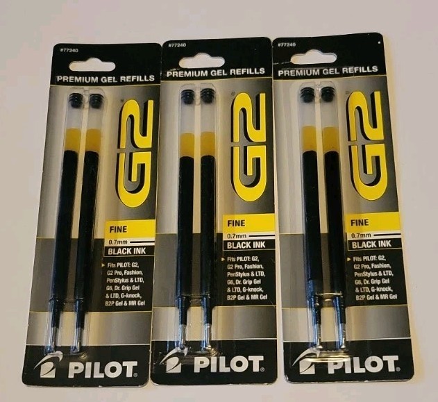 Pilot G2 Gel Rollerball Pen Refill, Fine 0.7MM Black Ink - 3 Packs of 2 #77240