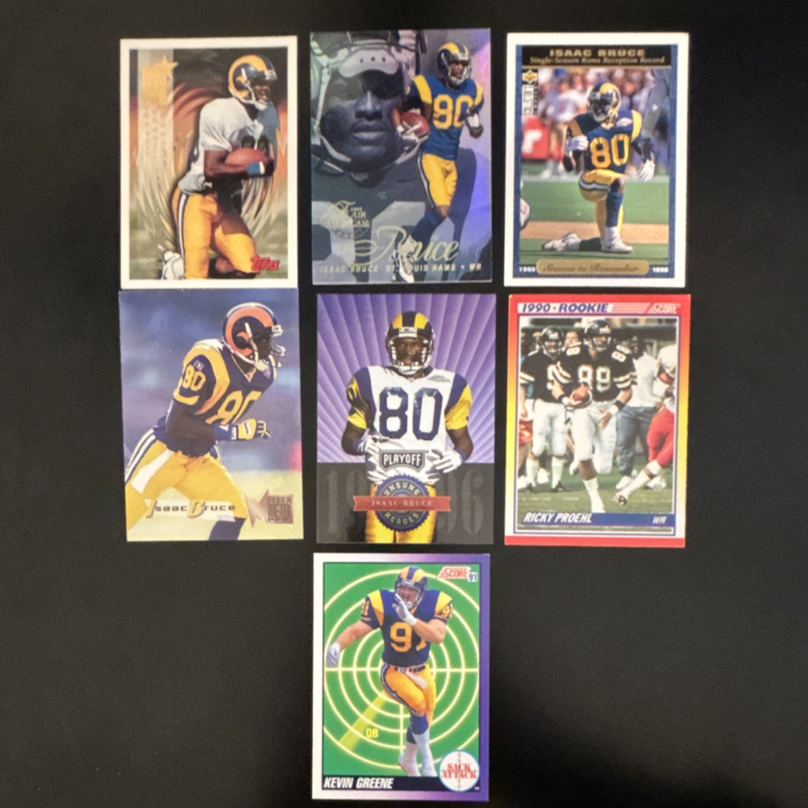 St. Louis Rams 7 Card Lot - Rams Legend Isaac Bruce + Proehl Rookie & Greene
