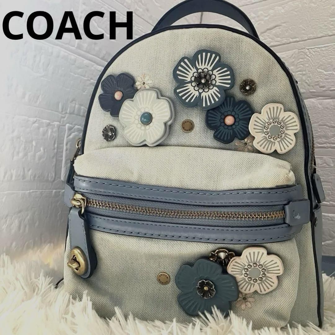 COACH Denim Blue Tea Rose Backpack for Women with Tanlock Flower Detail