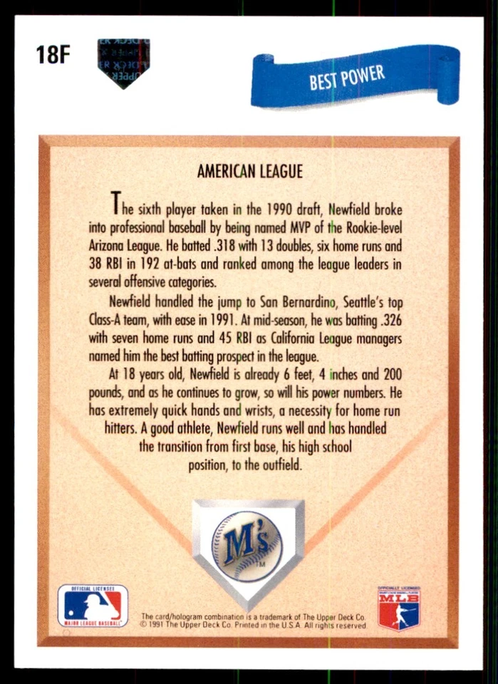 1991 Upper Deck Final Edition Marc Newfield RC Seattle Mariners #18F - Image 2 of 2