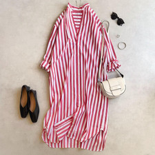 TEN RON HERMAN Kaftan Dress Cotton Long Shirt Dress Red White Stripe One Size
