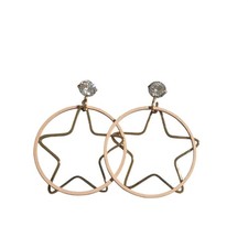 Star Hoop Dangle Earrings Crystal Accent Gold Frame Pink Outline Casual 1.5 Inch