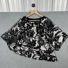 Alex Evenings Top Womens S Black White Floral Asymmetrical Ruffle Tiered Flowy