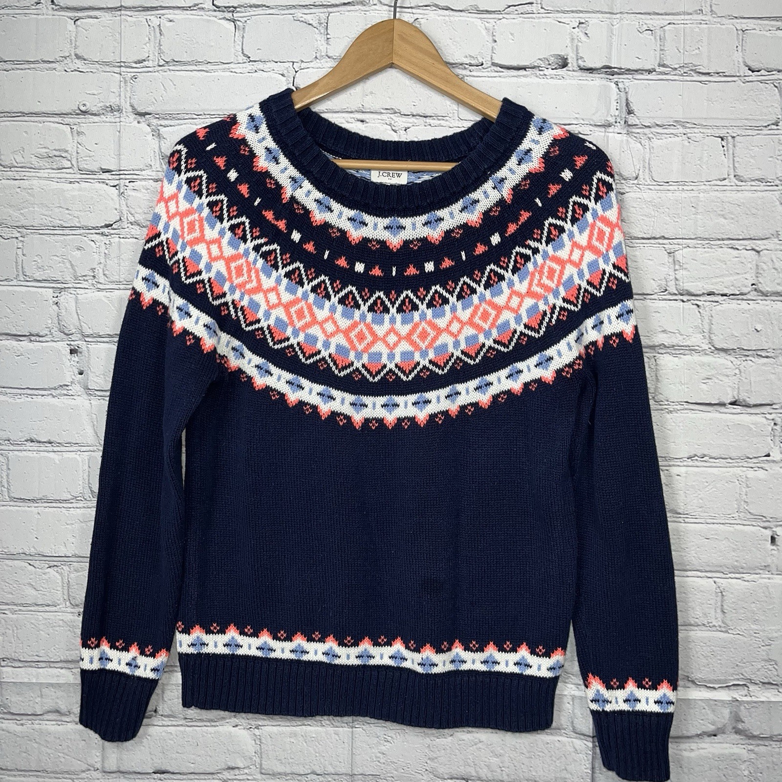 J Crew Fair Isle Sweater Womens Size Small Blue Crew Neck Pullover Cotton