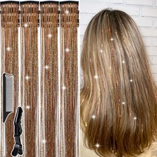 Auowoil 20.6 Inch Champagne Fairy Hair Tinsel Kit Extensions with Clips Comb