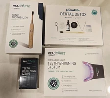 Primal Life organics Teeth Whitening Bundle - Brush, Strips, Detox, System