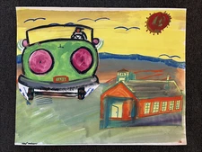 Vintage 80s Outsider Art Schoolhouse Landscape Painting Robert Gilkerson