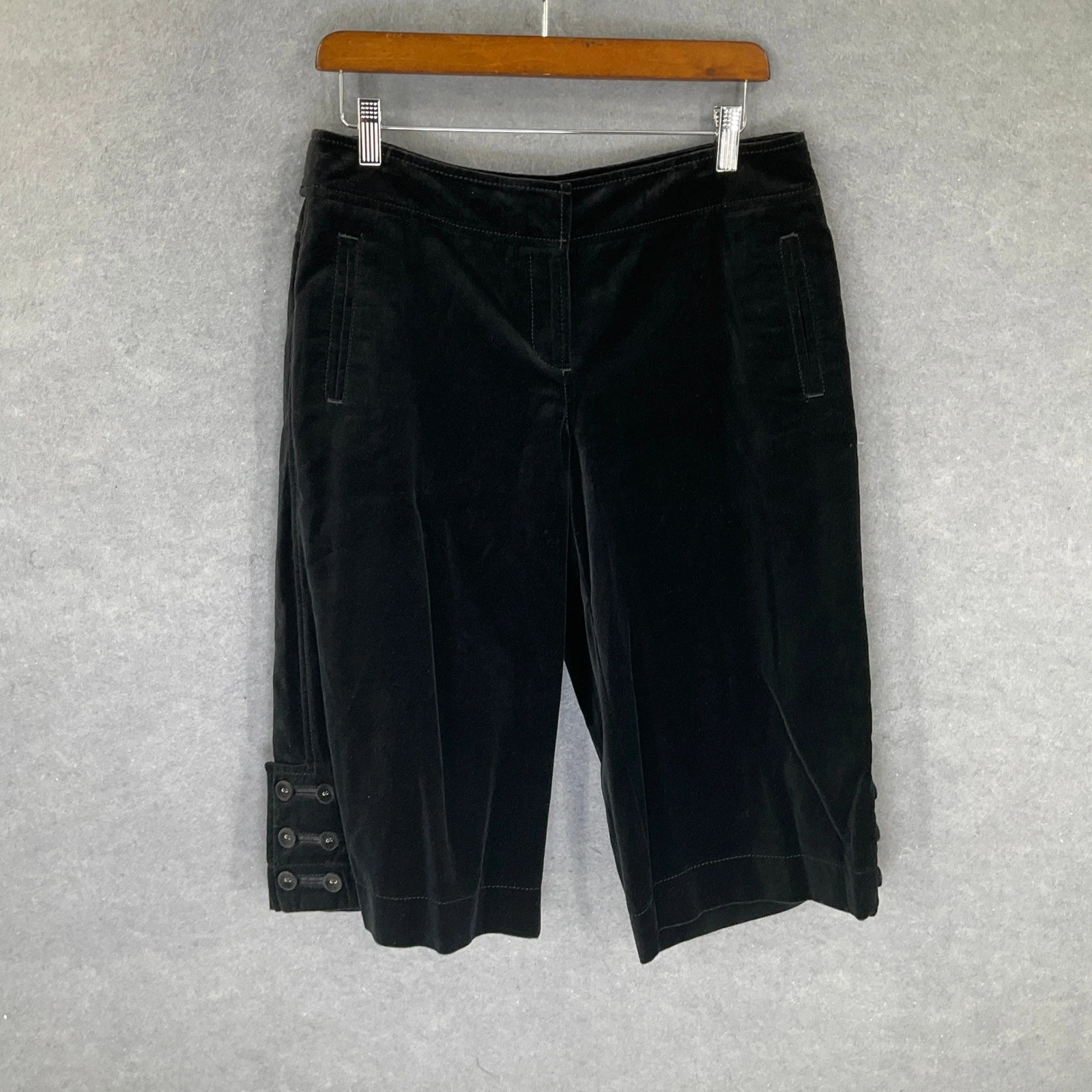 Ann Taylor LOFT Black Velvet Capri Cropped Pants Button Cuff Details