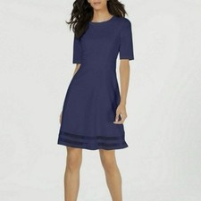 Calvin Klein Navy Blue Mesh Illusion Hem Flare Short Sleeve Crepe Dress Size 12