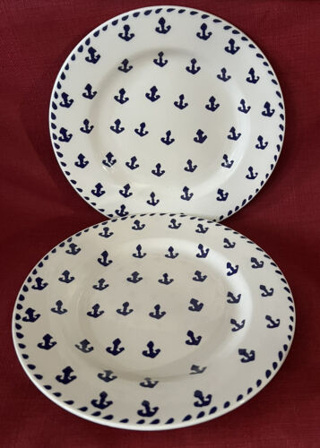 2 La Primula Furio Anchors Pattern Ceramic Porcelain Plates Blue/White Italy - Afbeelding 1 van 9