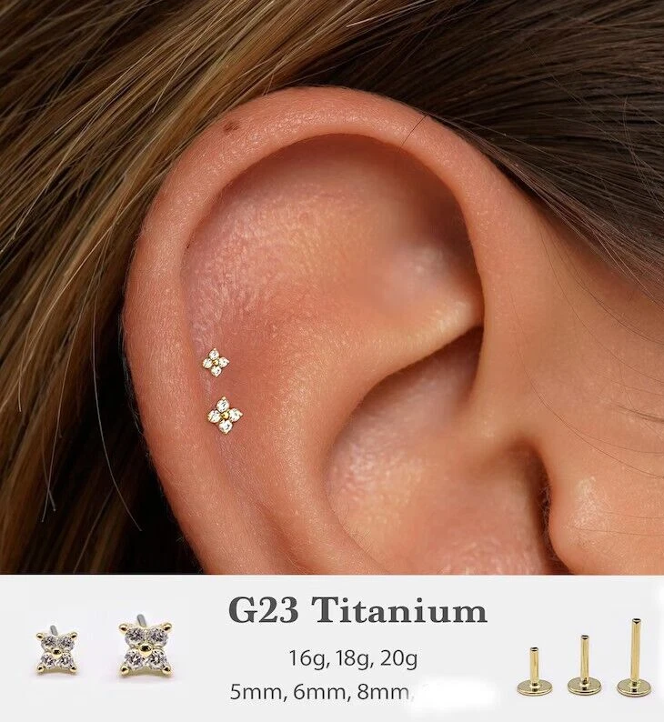 20G/18G/16G Titanium Labret 4 stones Push Pin Threadless Flat Back Stud Earring - Image 2 of 4