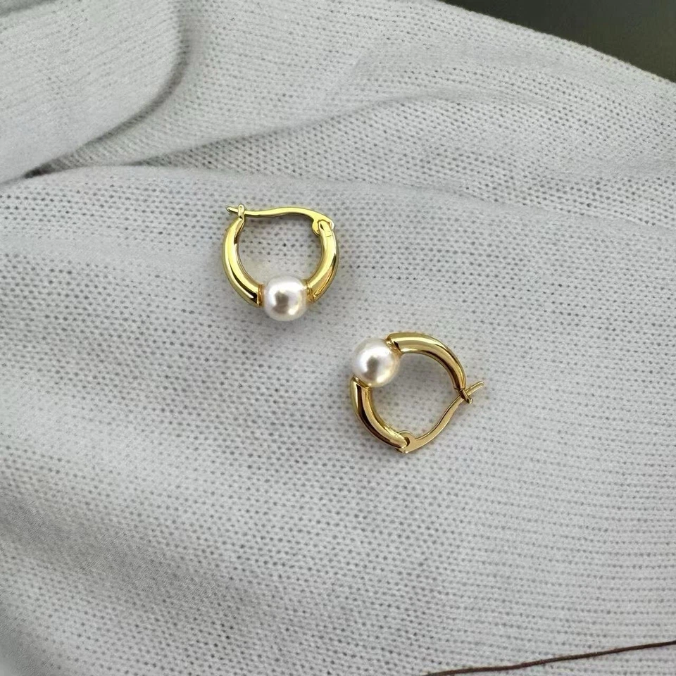 Pendientes de aro de oro con perlas blancas para mujer, pendientes de perlas Foto 2 de 4